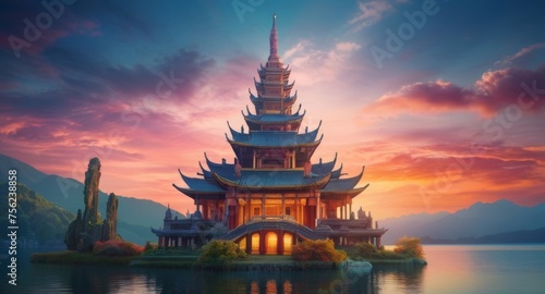 Serene temple nestled on a lake at sunset, with a breathtakingly colorful sky