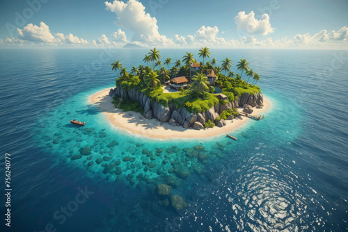 A small island with a house on it is surrounded by water