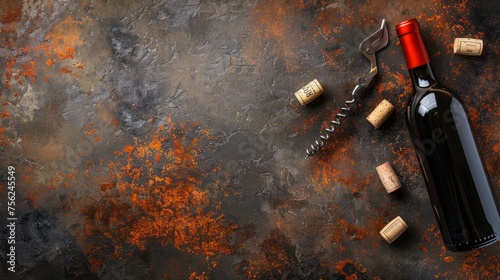 Bottle of wine, corkscrew and corks, on rusty background
