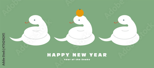巳年の年賀状イラスト素材 ベクター 鏡餅 白ヘビ かわいい シンプル