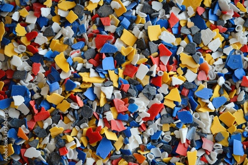 Multicolored polymer shredded granules made from recycled plastic.