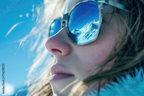 Young woman wearing mirrored sunglasses reflecting snowy mountains and blue sky. The concept of winter recreation, tourism, travel, extreme sports.