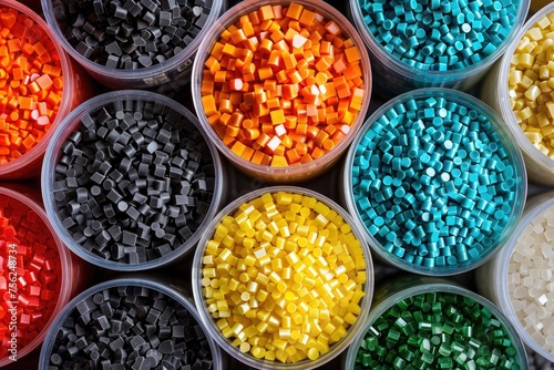 Multicolored cylindrical recycled plastic pellets arranged by color in a container.