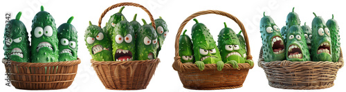 Cartoon illustration of an evil cucumber in a wicker basket