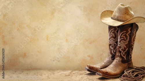 A pair of cowboy boots stands next to a coiled rope on a rustic wooden floor