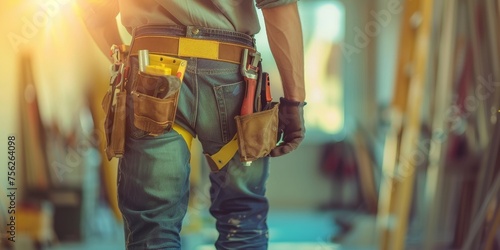 A man in a plaid shirt and jeans is holding a tool belt with various tools