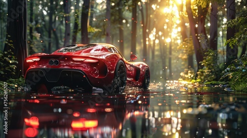 Red sports car driving on a wet forest road with sunlight piercing through the trees.