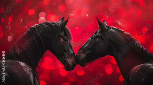 Portrait of two black horses against a red background with bokeh effect