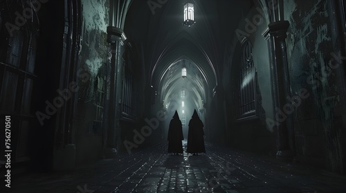 Dark Gothic Nuns Await at the End of Medieval Castle Corridor