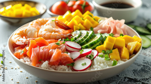 Hawaiian poke bowls on the table with shrimps or prawns, seafood, salad, cucumbers tomatoes rice, fish with sauce.