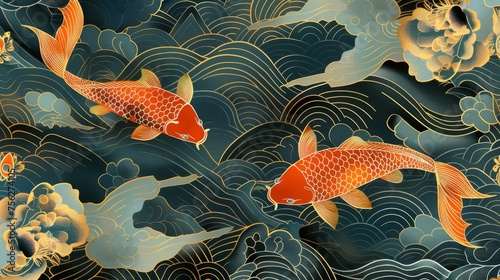 Modern Japanese background with gold fish. Asian pattern with icon elements. Vintage water and river template.