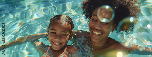 close-up of happy mother and daughter in pool