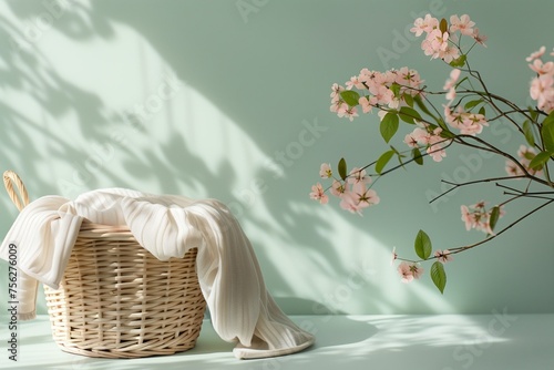 wicker laundry basket with flowers in the interior on blue background