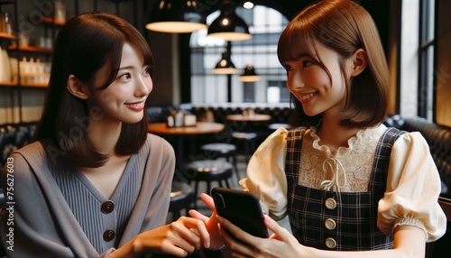 two women in cafe with talking and grabbing a mobile phone 