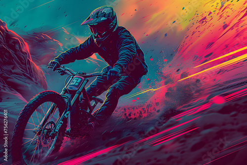 Abstract 3D illustration of a jumping motocross rider on blue. Motocross freestyle. 