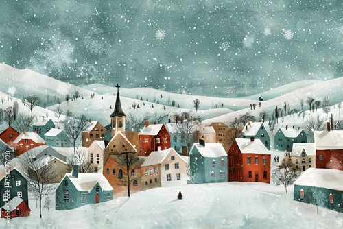a snowy town with a steeple