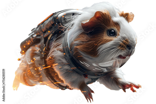 A guinea pig with white and gray fur, wearing a space suit and a helmet, floating in space. Isolated on transparent background, png file.