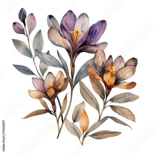 Colorful spring crocuses in watercolor, showcasing detailed botanical illustrations, ideally isolated against a transparent background