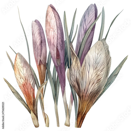 Colorful spring crocuses in watercolor, showcasing detailed botanical illustrations, ideally isolated against a transparent background