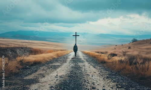 A person is seen walking towards a cross on a road.