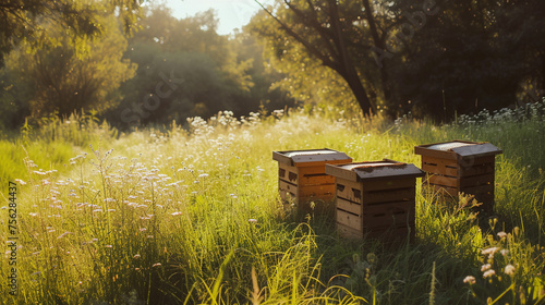 Close up of flying bees. Wooden beehive and bees.