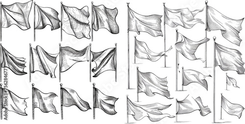 Hand drawn flags. Sketch waving fabric on pole, different flag engraving shapes with waves