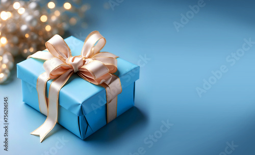 Un joli petit paquet cadeau d'anniversaire emballé avec un élégant ruban doré sur un fond bleu festif