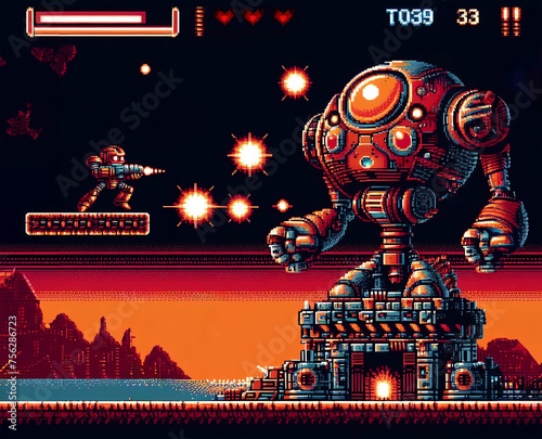 Retro video game from the 90s with an armed robot trying to defeat the final boss.