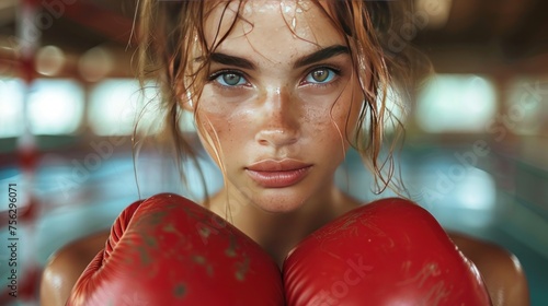 fighter woman fist close up. straight focus on the glove with the rest of the image on blur.