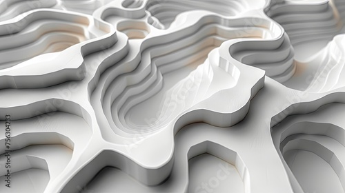 White paper cut background featuring lines and topographic map elements. An abstract backdrop with curved reliefs resembling waves, realistically textured with layered papercut decorations