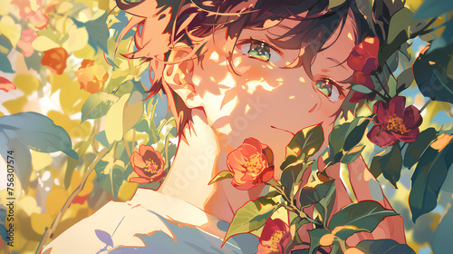 handsome anime young man face putting flower in his mouth, flower garden background