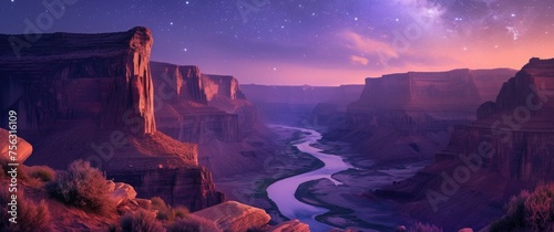 Awe-inspiring view of a river in a majestic canyon, surrounded by towering cliffs and cascading waterfalls under a starry night sky 🌌🏞️✨