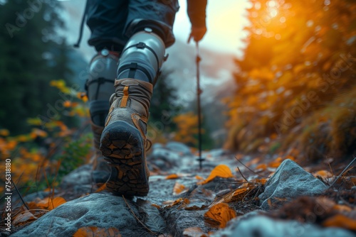 Close up of Low angle view of male legs, with artificial legs, a jogger or hiker feet wearing sports shoes on a mountain track. Trail running workout on rocky terrain outdoors. Male Prosthetic legs