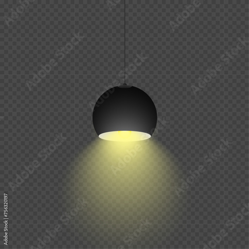 Hanging lamp. Realistic electricity lamp on a tranparent background shines with a pleasant yellow light.