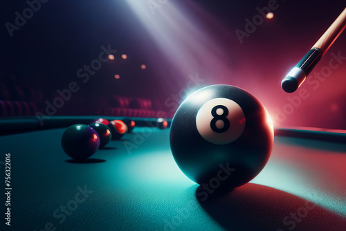A glossy black billiard ball number 8 takes center stage, with a pool cue touching it in the upper right corner. The shot is taken from a lower angle, emphasizing the significance of the moment. The