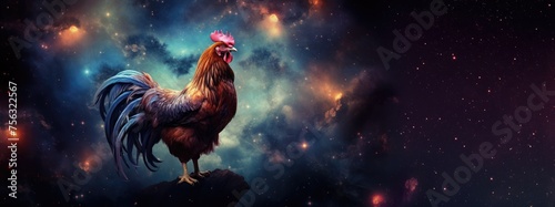 Rooster on cosmic background with space, stars, nebulae, vibrant colors, flames; digital art in fantasy style, featuring astronomy elements, celestial themes, interstellar ambiance