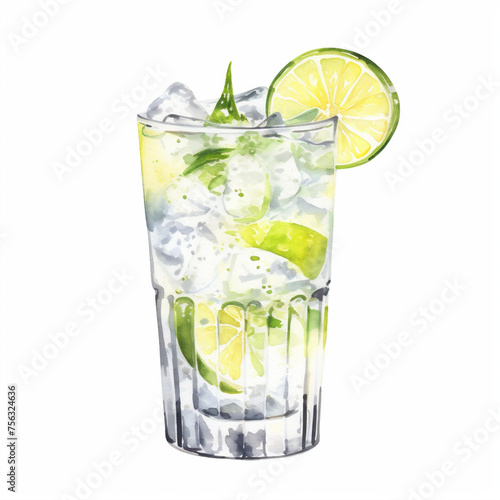 Watercolor hand painted mojito, gin tonic cocktail glass with lime fruit simple sketch illustration on white background for menu, ads and social media