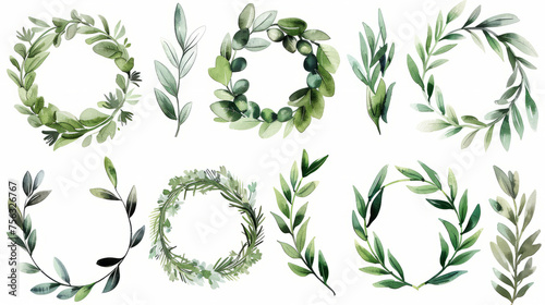 Watercolor olive branches and wreaths artistic set for design and decoration
