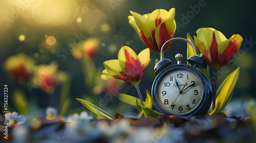 Alarm clock among blooming crocuses, spring forward concept. Spring time change, first spring flowers,