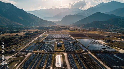 Early morning light bathes a solar farm located in a valley surrounded by mountains, showcasing the harmony of technology and nature.