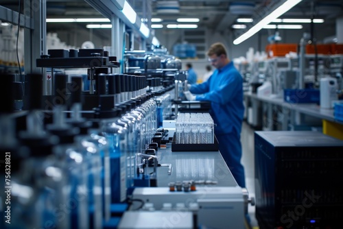 A focused technician in blue lab gear oversees an automated production line in a pharmaceutical manufacturing plant.