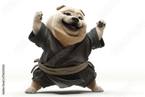 A chubby 3D cartoon dog in Kung Fu attire chuckling as it tries to perform a complicated martial arts sequence