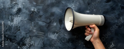 Hand gripping a megaphone ready for announcement . Concept Communication, Announcement, Loudspeaker, Public Speaking, Attention