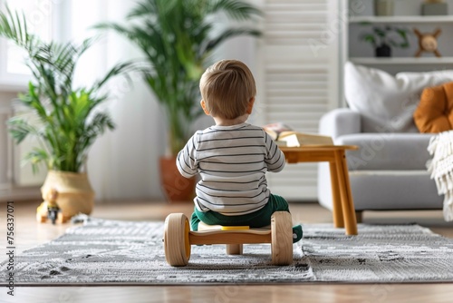 Riding the Wave of Modern Parenting A Toddler on a Wooden Toy Car Generative AI