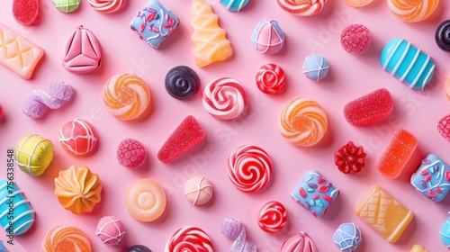 Realistic candies pattern in shadow play style, flat pastel color background, isometric, top view, professional studio photo 