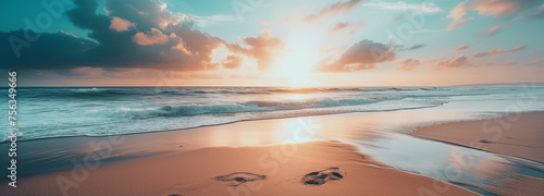 Inspiring Seascape Panorama: Beach Sunrise with Footprints in the Sand - Coastal Landscape with Vibrant Tropical Seaside Beach Shore and Sea Horizon at Dawn with Copyspace