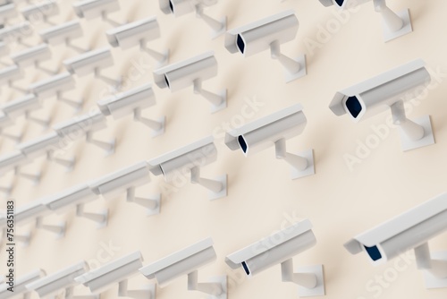 Many cctv on peach puff background. cameras looking left at the same direction. 3d render, illustration