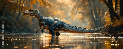 Baryonyx dinosaur hunting fish in a river . Concept Dinosaur Behavior, Prehistoric Scenes, Wildlife Photography, Underwater Creatures