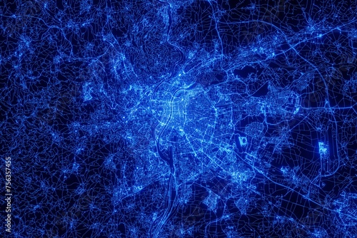 Street map of Lyon (France) made with blue illumination and glow effect. Top view on roads network