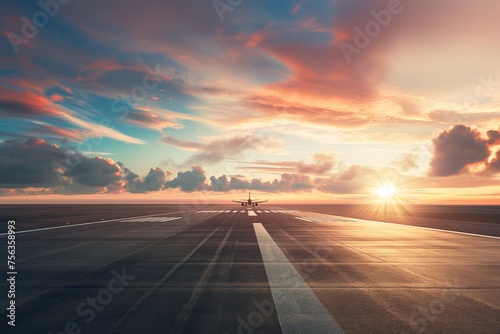 empty runway on the airport, runway in beautiful sunset light